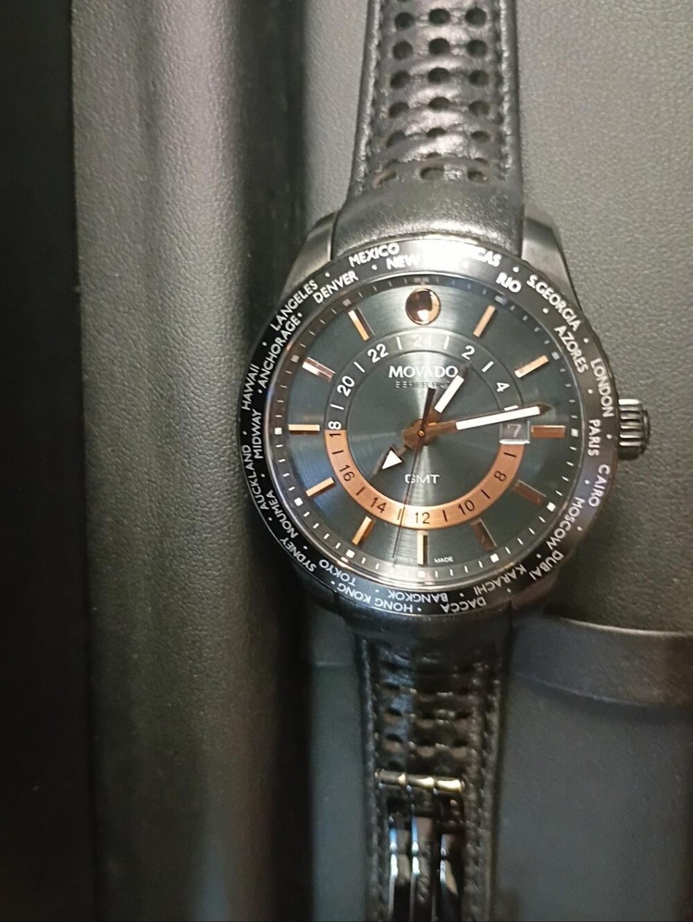 Movado Men’s Black Dial with Rose Gold Accents GMT Watch
